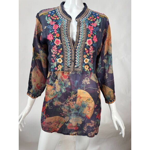 Johnny Was Embroidered Floral Tunic Top With 3/4 Sleeves & Mandarin Collar In Sh - Picture 11 of 16